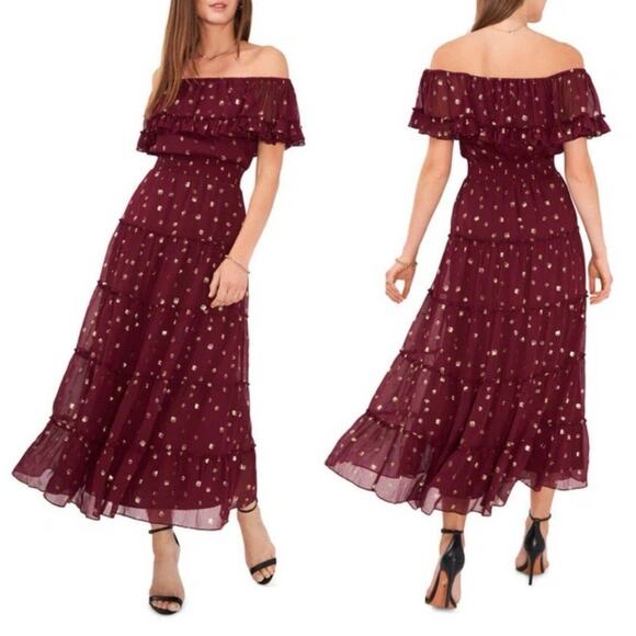 Vince Camuto Off The Shoulder Maxi Dress M Womens Ruffle Tiered Romantic Holiday - Picture 1 of 8